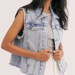 Free People Zoe Acid Washed Distressed Boxy Denim Vest Oversized Size Small